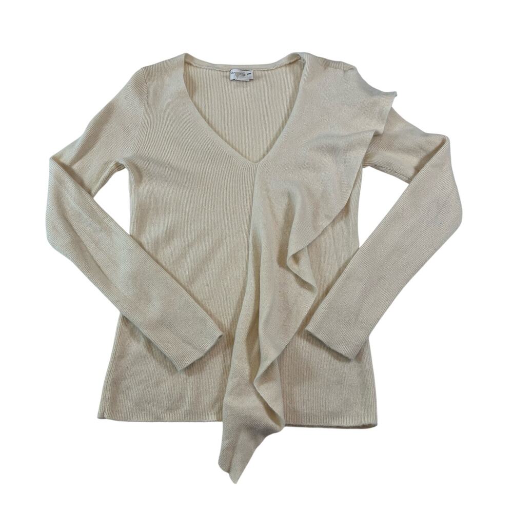 Club Monaco Ivory 100% Cashmere V-Neck Ruffle Sweater, Size S/P